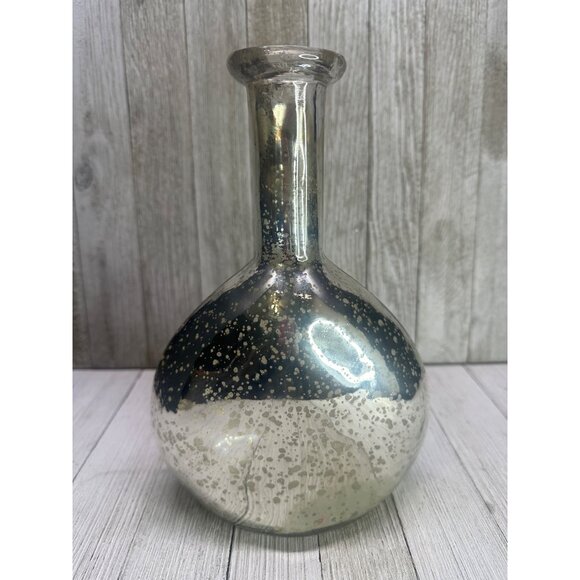 Vtg 7" Tall Silver Mercury Glass Bottle Vase with Etched Carving Base Decanter - Picture 1 of 7
